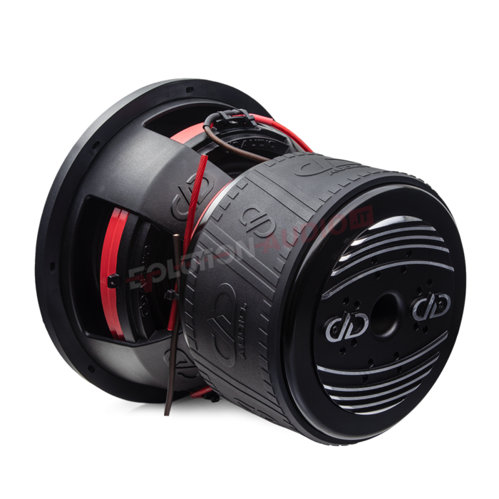 800f-Series-Subwoofer-photo-angled-back-right-to-show-heatsink-motor-boot-part-of-basket SUBWOOFER DD AUDIO 812F-D1 30 Cm 7500 Watt max dd audio Redline - immagine 3