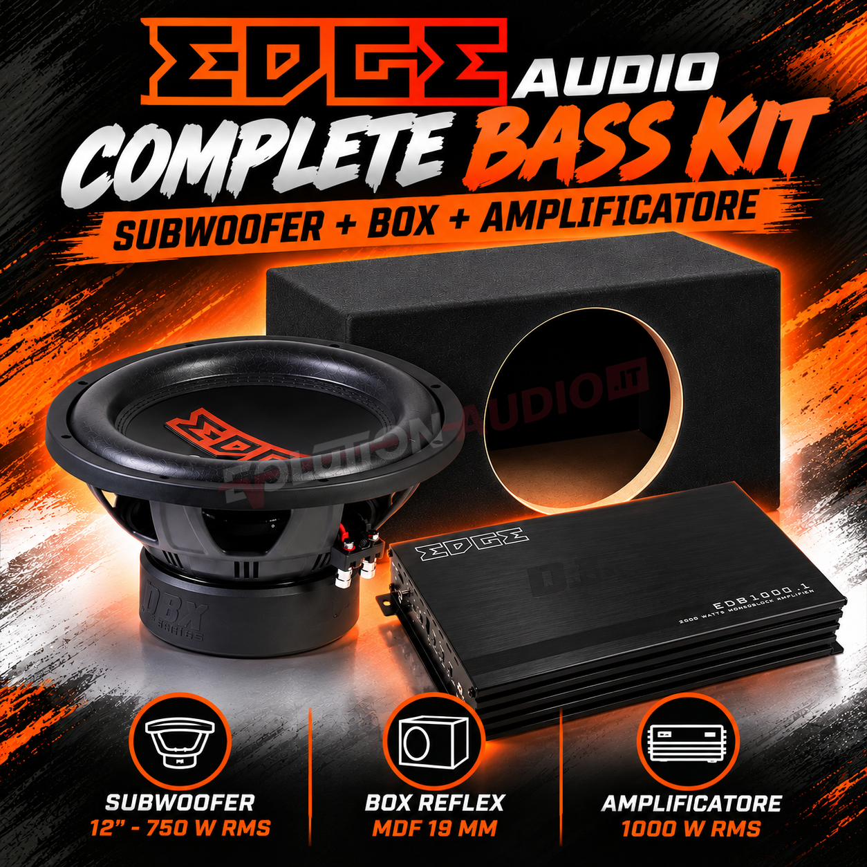 EDGE AUDIO COMPLETE BASS KIT – SUBWOOFER + BOX + AMPLIFICATORE